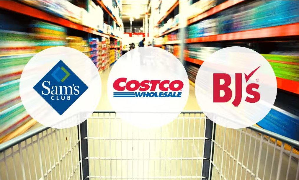 Sam’s Club, Costco Wholesale, and BJ’s logos over a warehouse club aisle